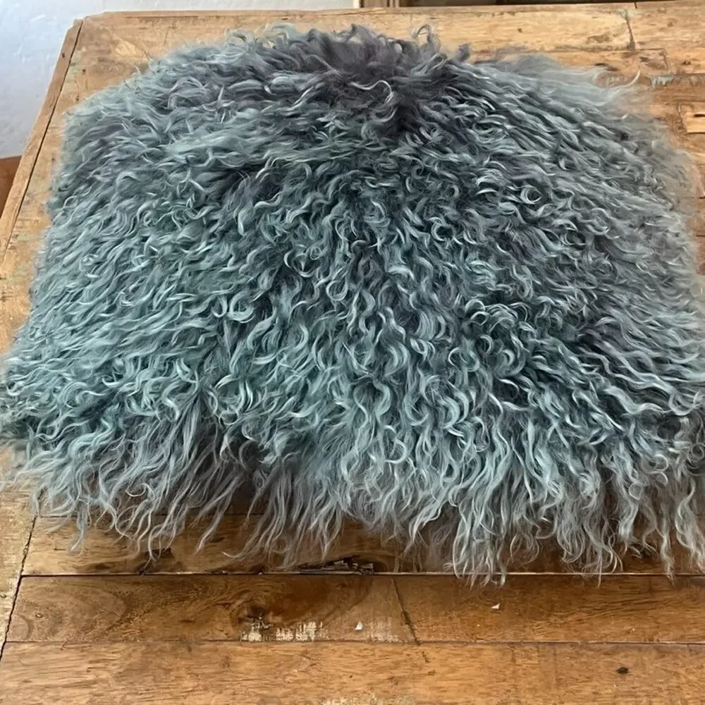Fur Throw Pillow Mongolian 100% Sheep Wool Hair Gray 13 x 15